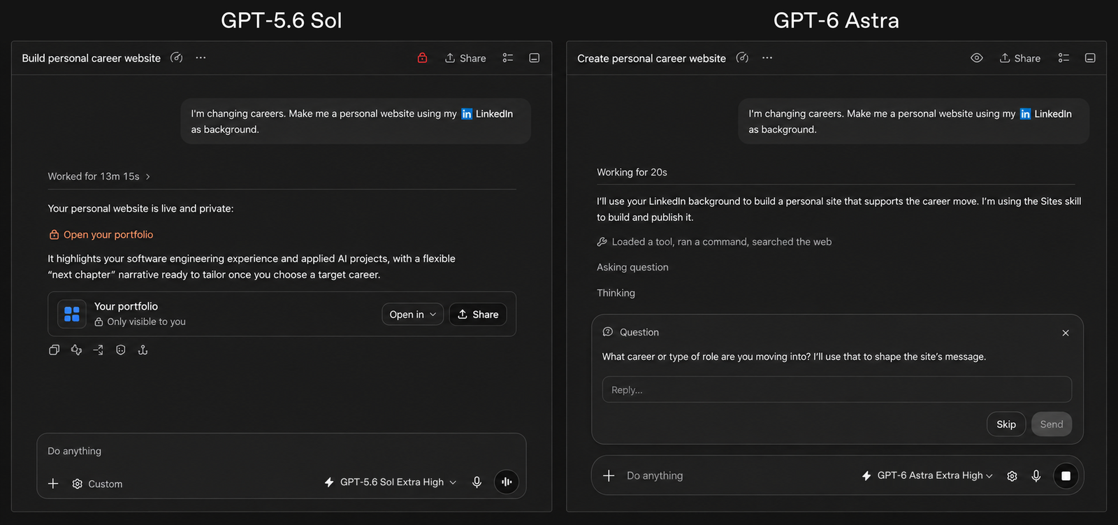 採用サイト作成の指示に対するGPT-5.6 SolとGPT-6 Astraの応答の違いを並べたOpenAI公式画像。Astraは結果を左右する点だけを質問する
