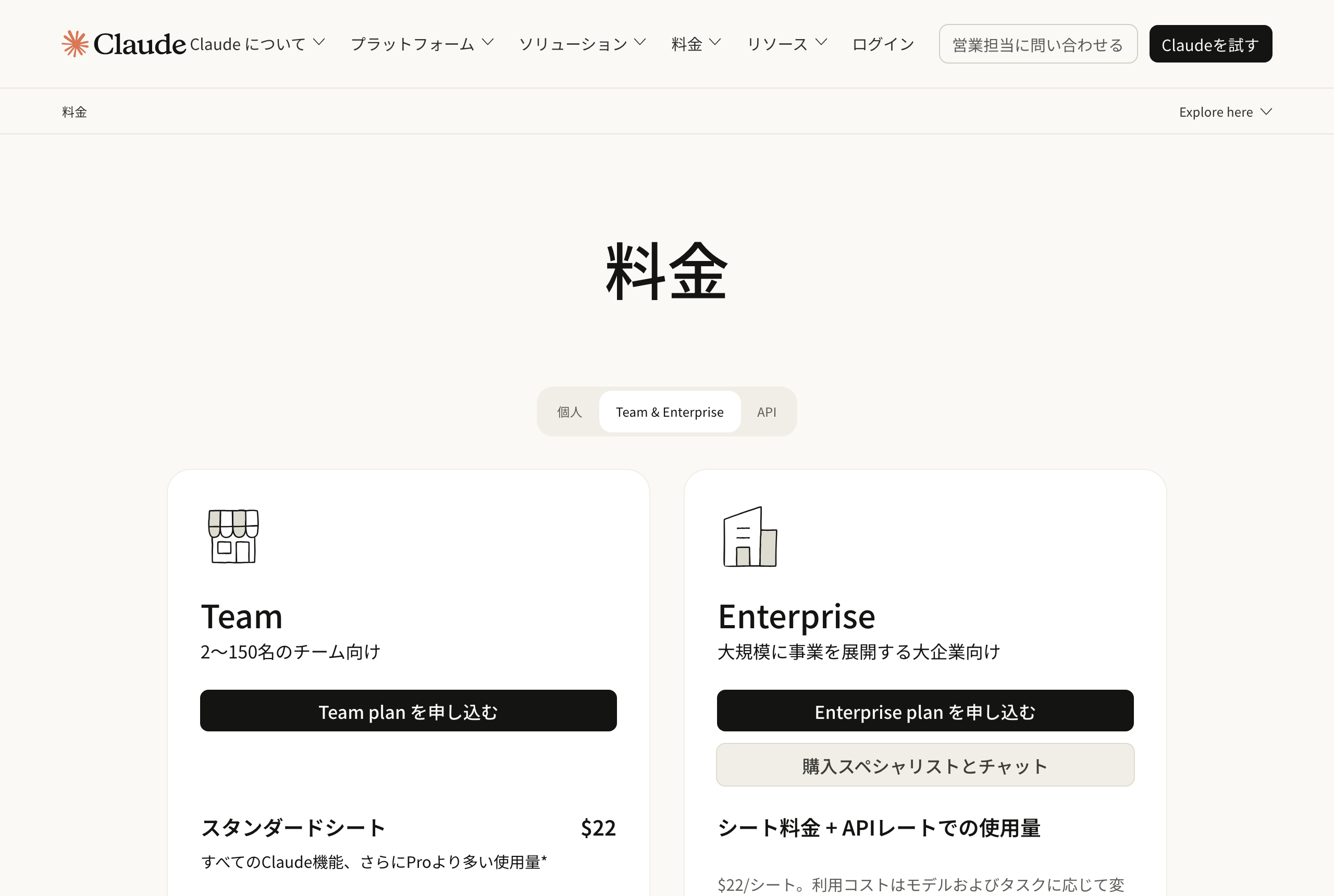 Claudeの料金ページ（Team & Enterprise）。Teamプランは2〜150名向けで、スタンダードシートは年払い時にシートあたり月額22ドル、月払いは27.50ドル