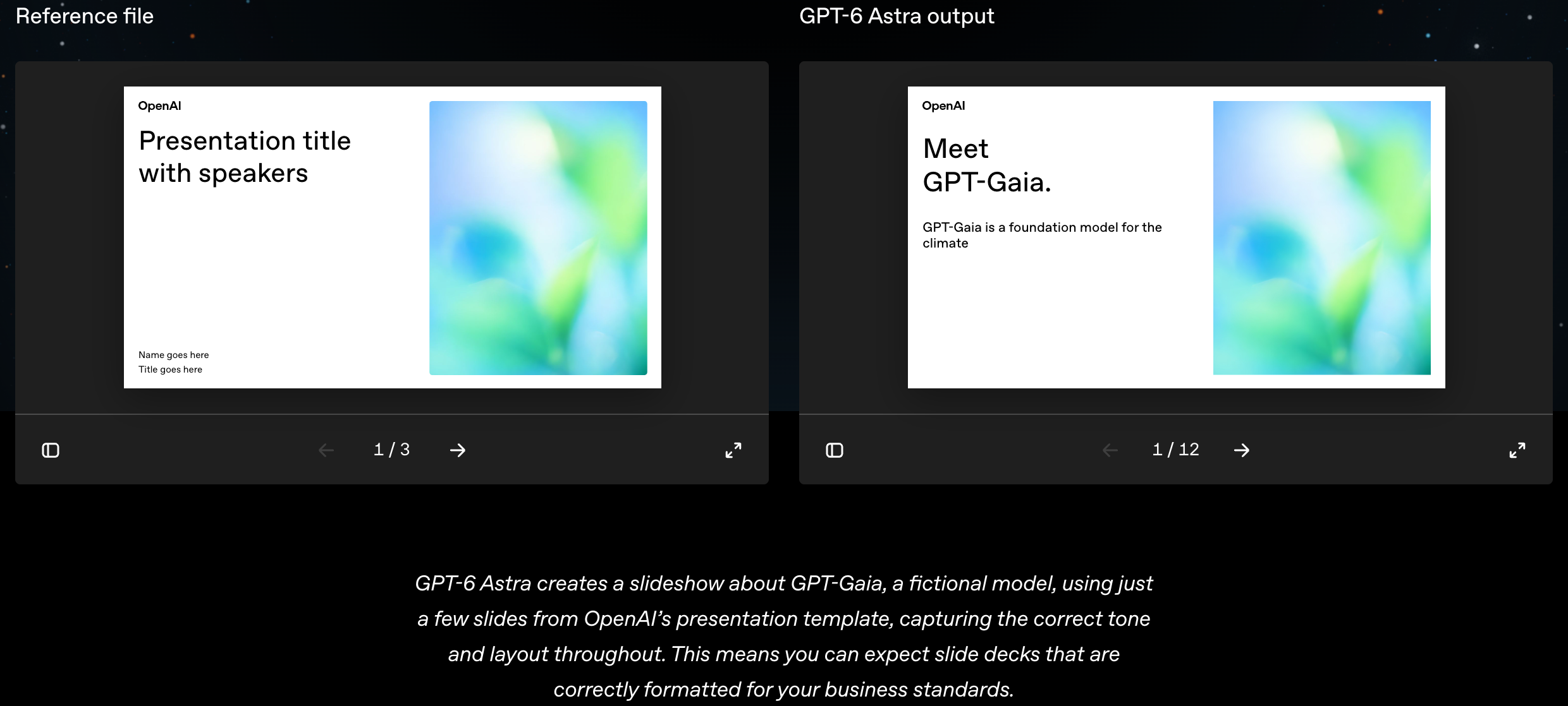 OpenAIのテンプレートを参照して、GPT-6 Astraが同じ書式で架空のモデル「GPT-Gaia」のスライドを作成した公式デモの比較画面