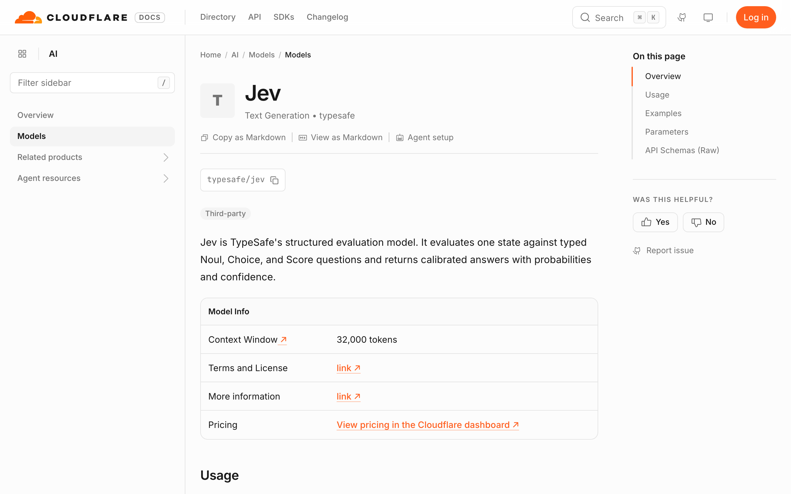 Cloudflare AIドキュメントのJevのページ。モデルの呼び出し例が載っている