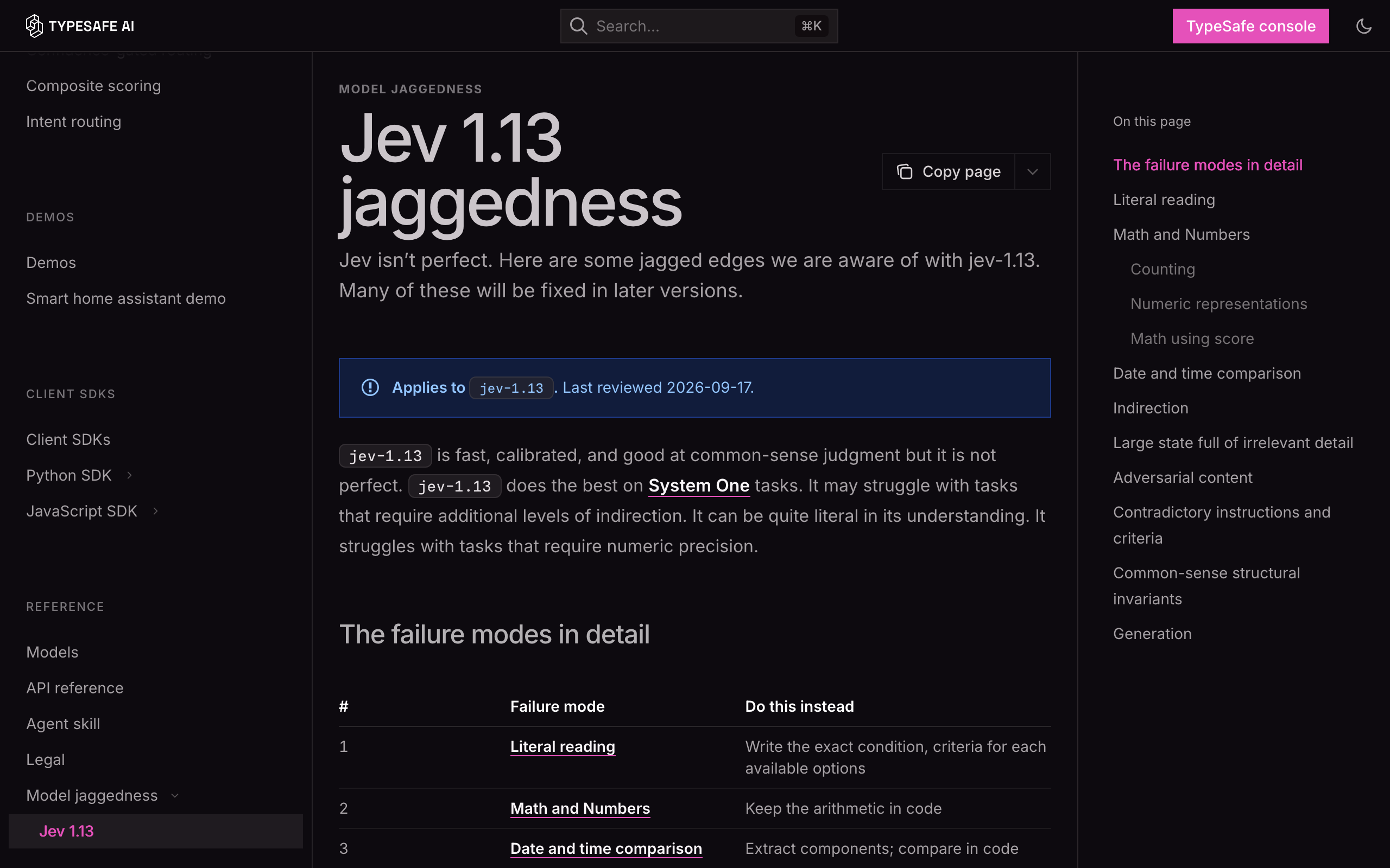 TypeSafe AI公式ドキュメントのJev 1.13の苦手な点のページ