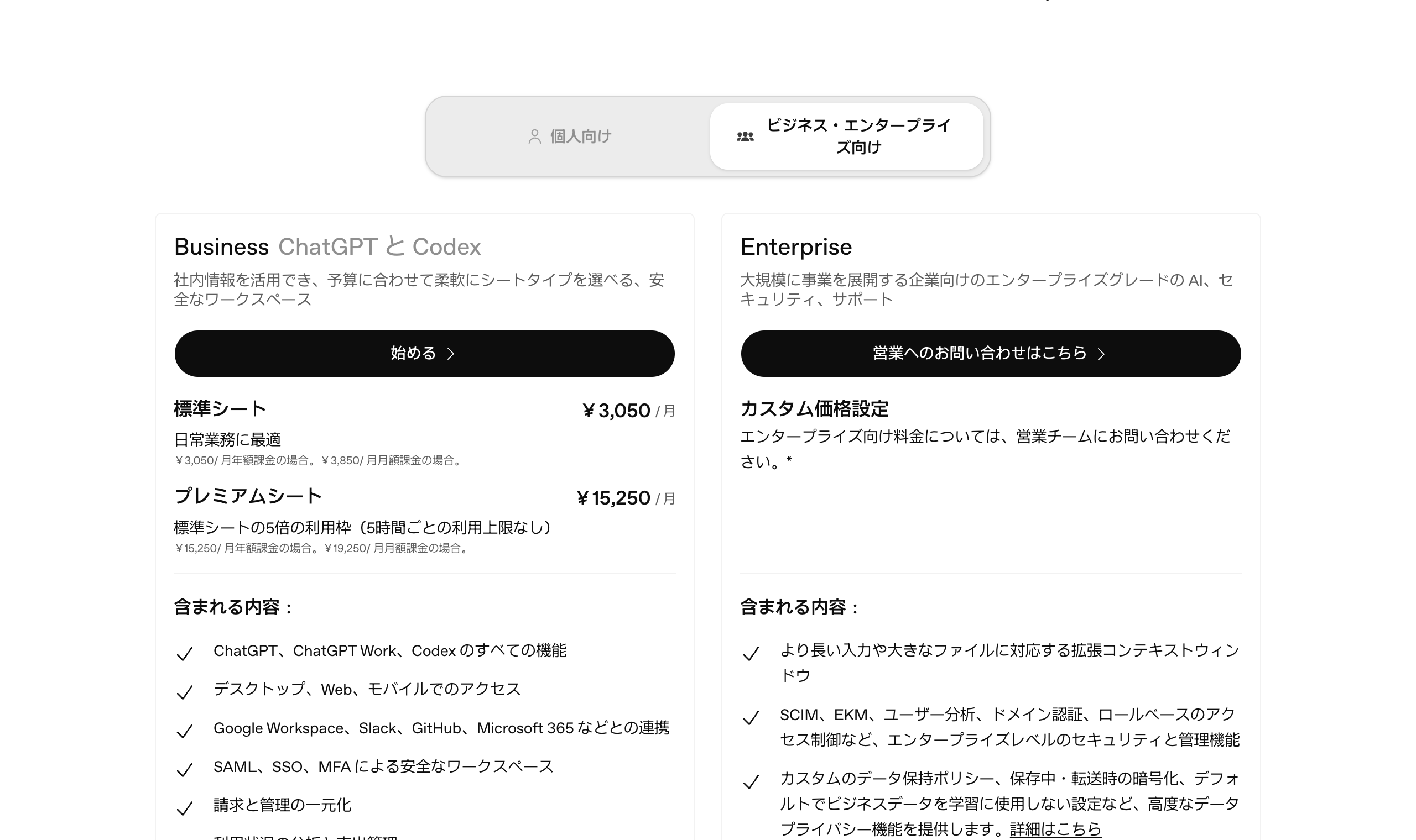 ChatGPT Businessの料金ページ。標準シートは年額課金で月3,050円、月額課金で月3,850円。従業員2〜200名のチーム向けで、デフォルトではビジネスデータを学習に使用しない